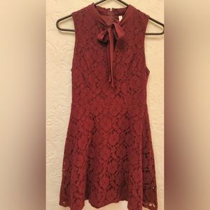 Xhilaration Lace Tie Neck Burgandy Dress